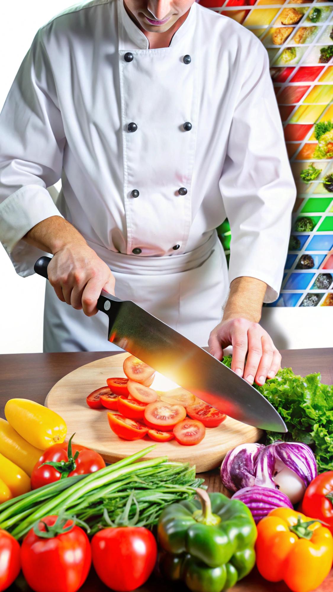Chef che spadella verdure colorate in cucina moderna